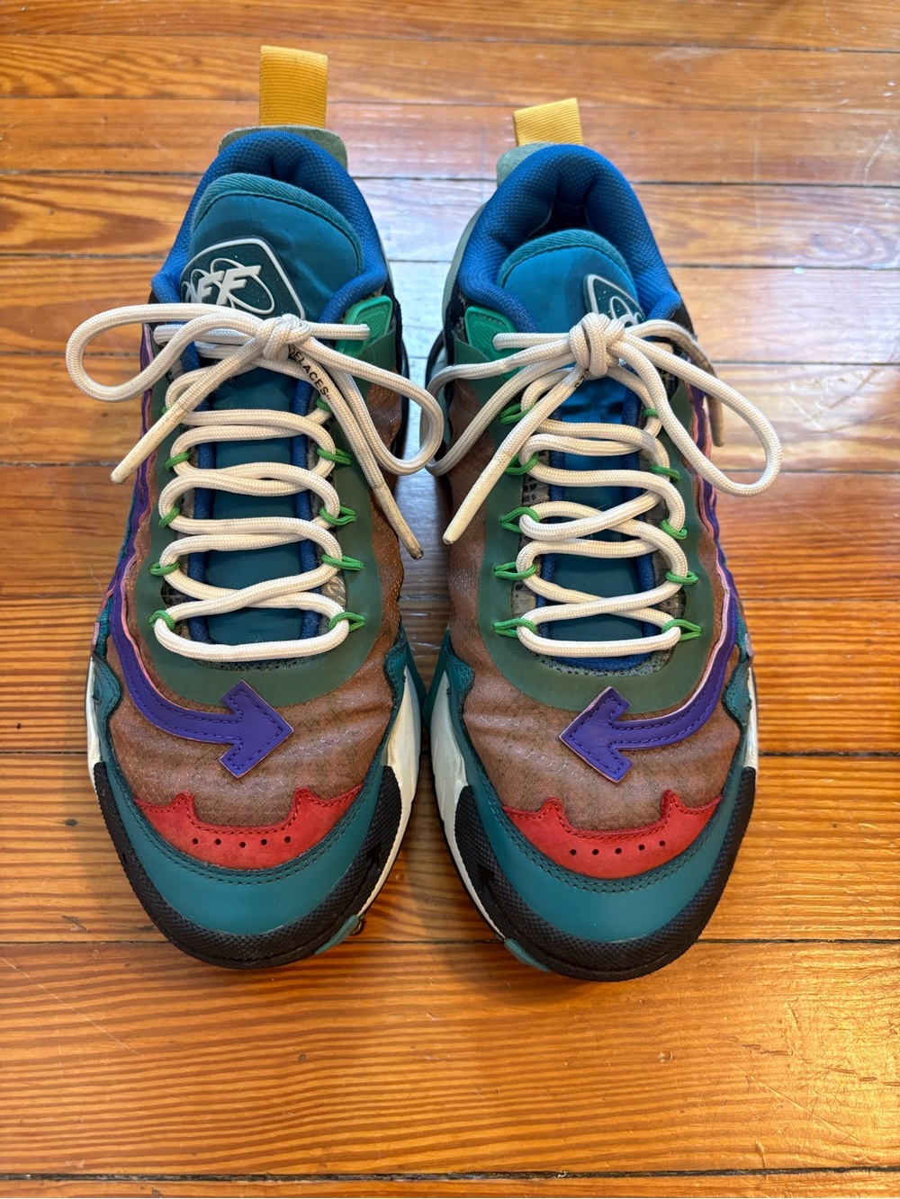 Off-White Odsy 2000 Colorblock Arrow Sneakers in Teal, Purple & Red